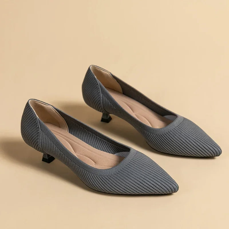 Women's Kitten Heels - Pointed Toe Ribbed Knit and Padded Insole Detail
