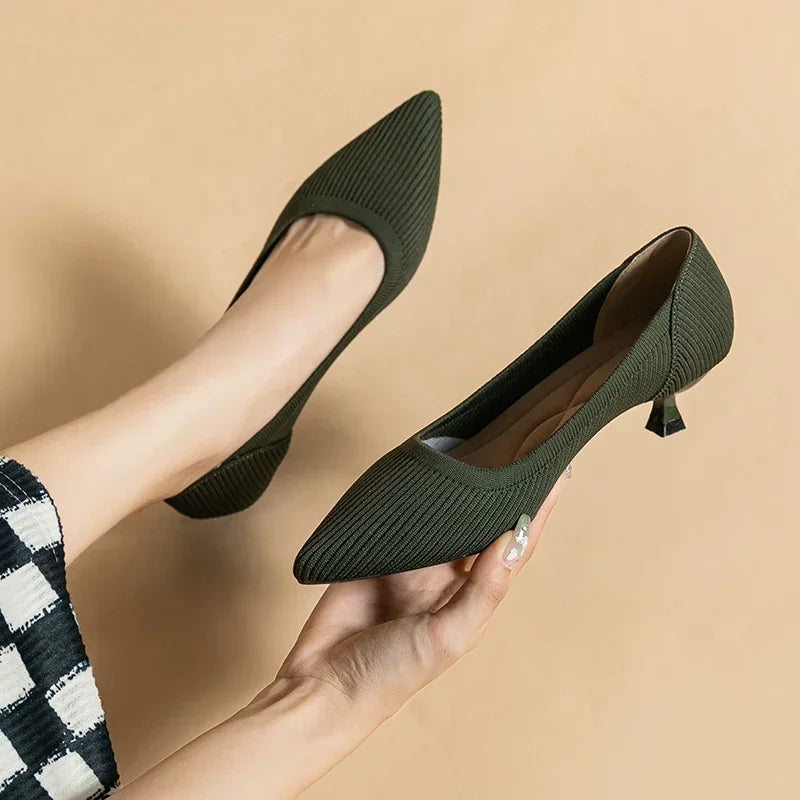 Women's Kitten Heels - Pointed Toe Ribbed Knit and Padded Insole Detail