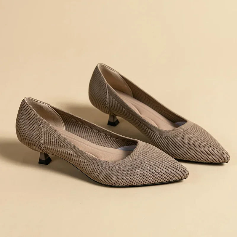 Women's Kitten Heels - Pointed Toe Ribbed Knit and Padded Insole Detail