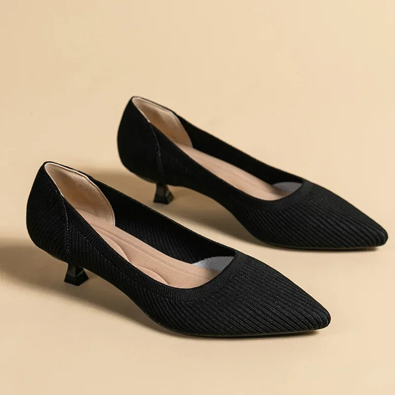 Women's Kitten Heels - Pointed Toe Ribbed Knit and Padded Insole Detail