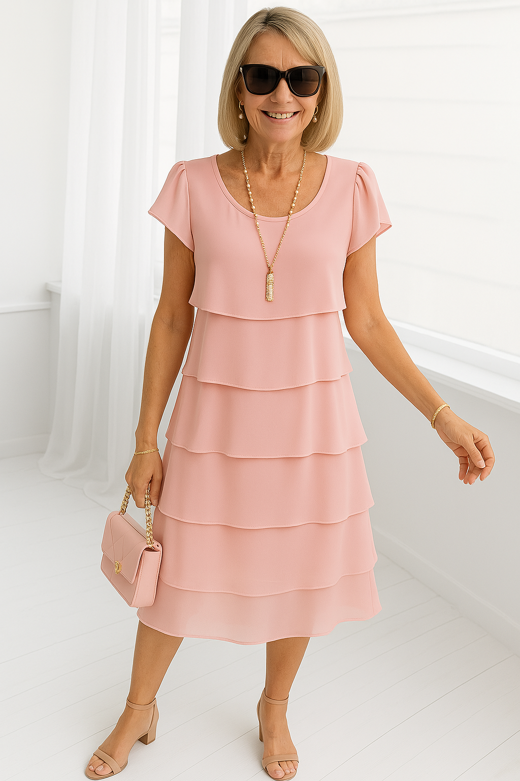Women's Layered Midi Dress Tiered Short Sleeve Ruffled