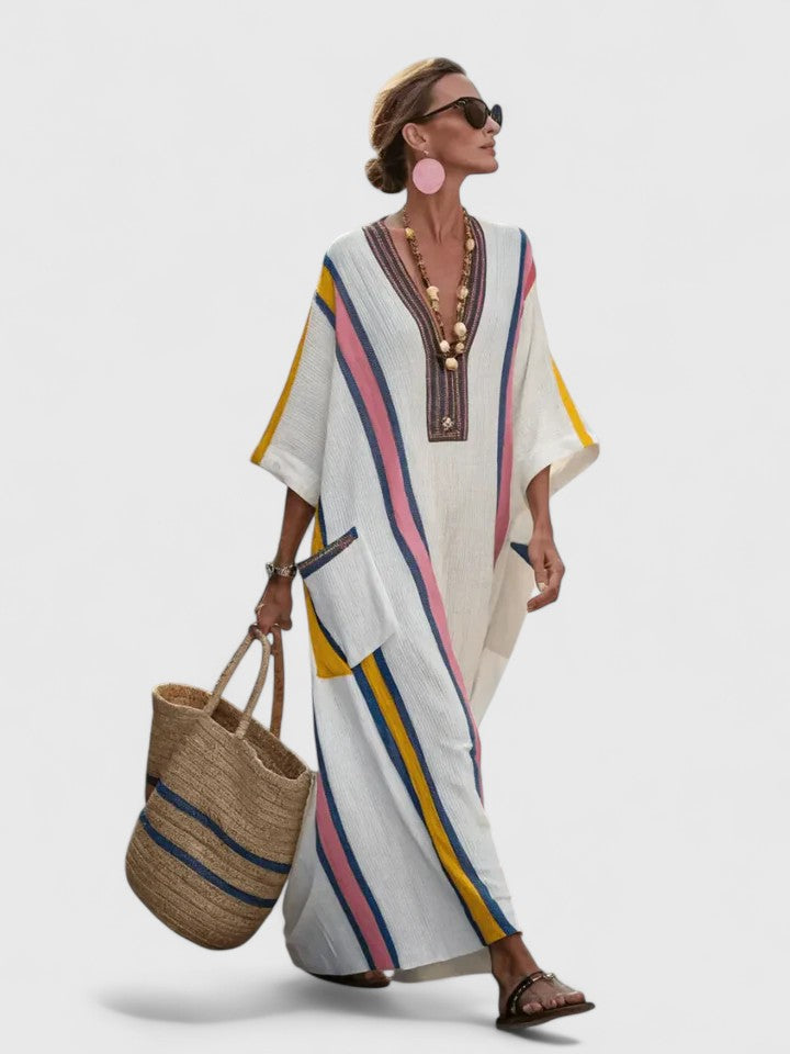 Women's Linen Maxi Dress - Striped Print with V-Neck and Pocket Detail