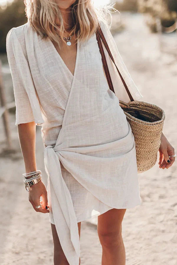 Women's Linen Mini Dress - V-Neck Wrap Front and Side Tie Detail