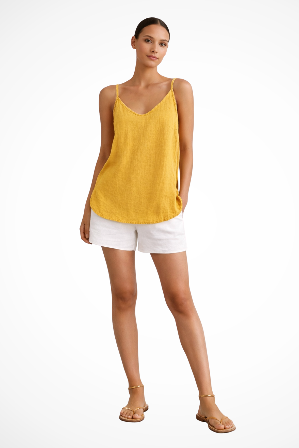 Women's Linen Strappy Cami Top - V-Neck and Curved Hem Detail