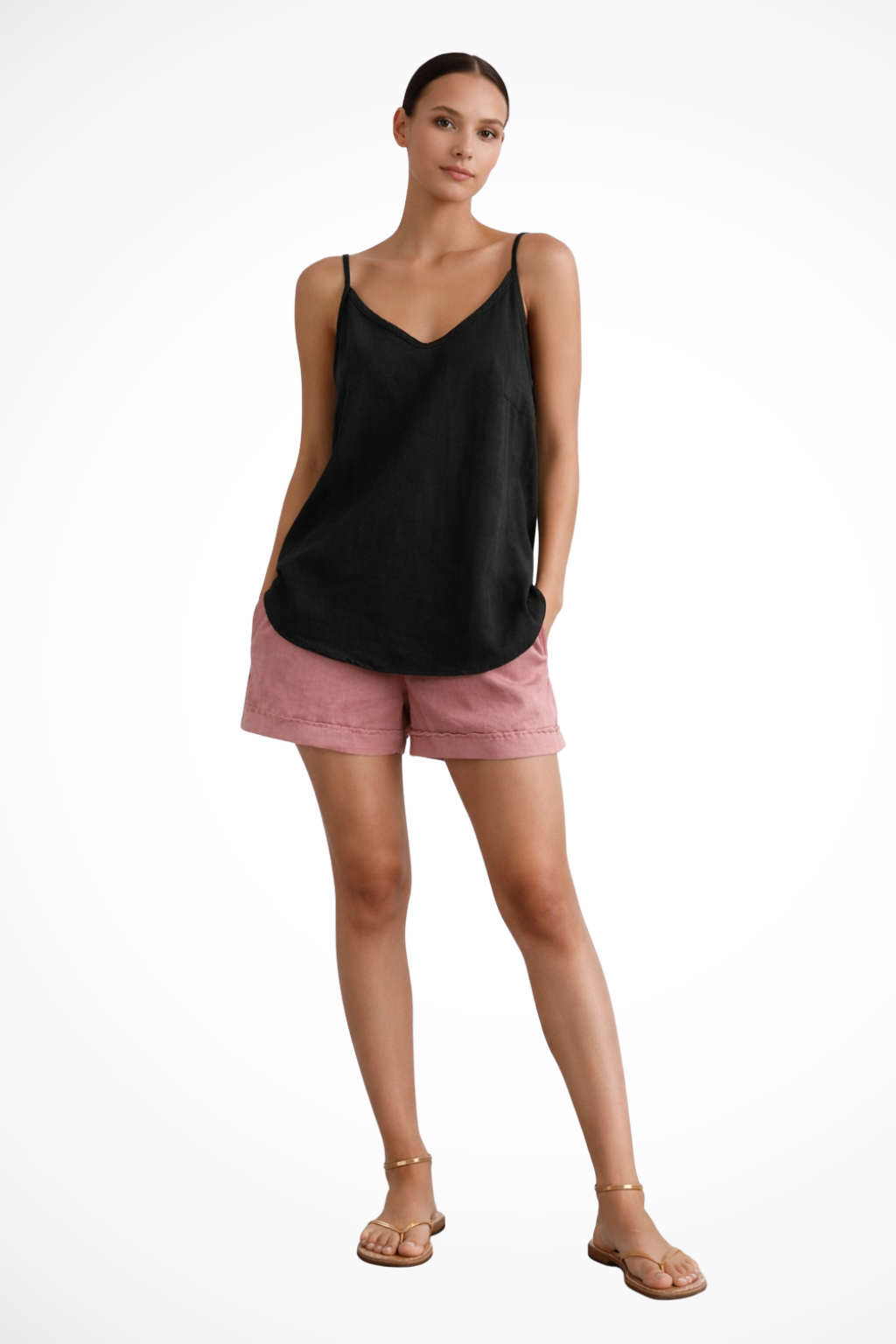Women's Linen Strappy Cami Top - V-Neck and Curved Hem Detail