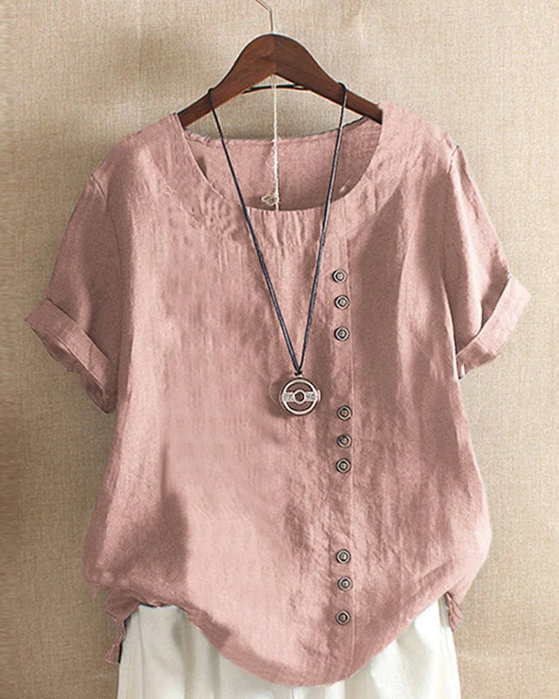 Women's Linen Top Casual Short Sleeve Blouse with Asymmetrical Button Detail
