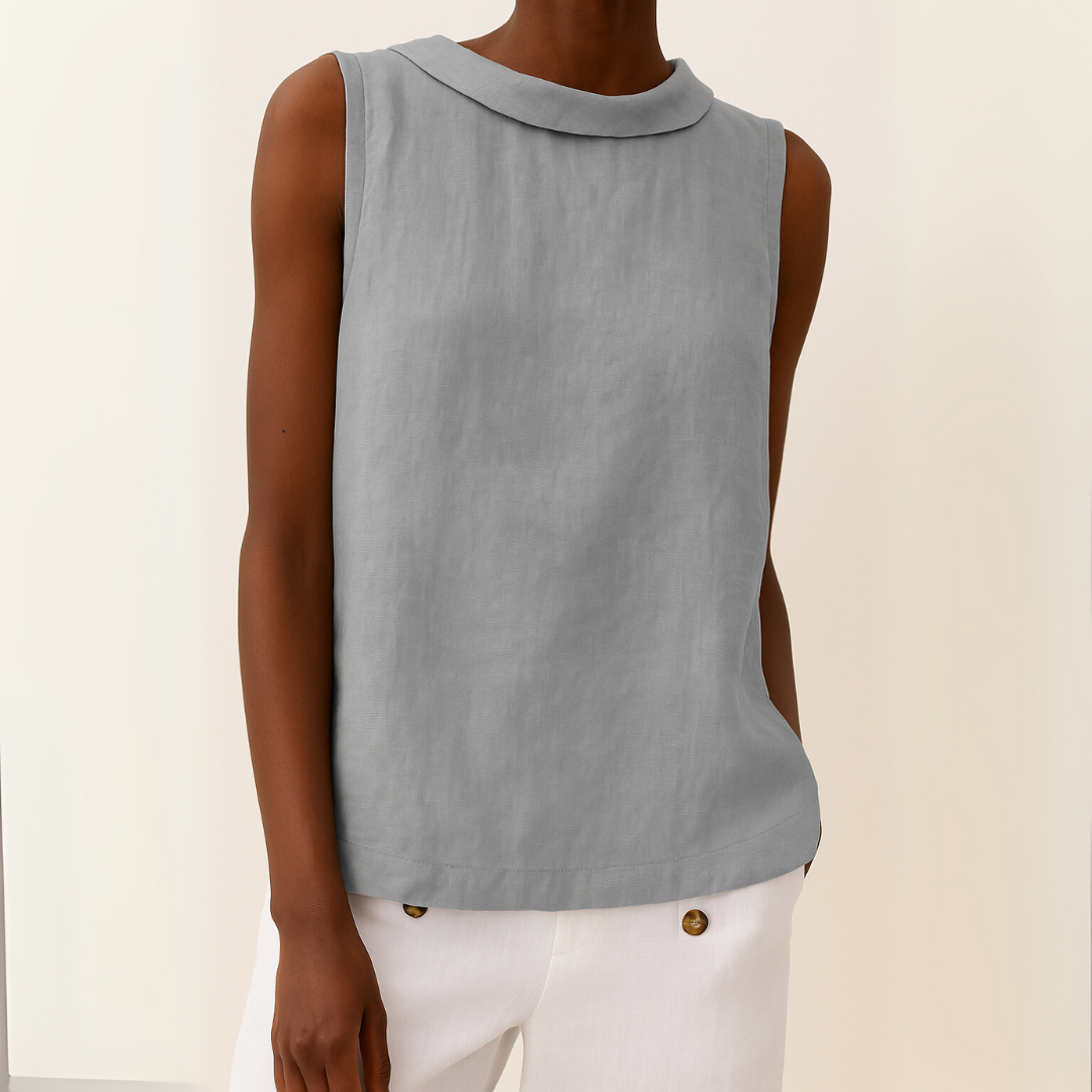 Women's Linen Top Sleeveless Roll Collar Shell Blouse