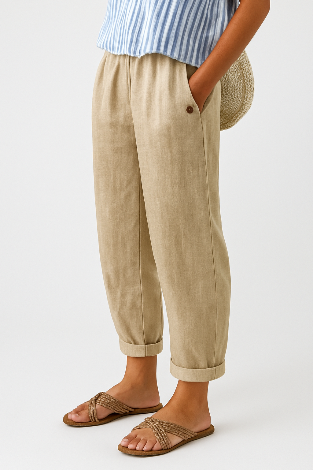 Women's Linen Trousers Tapered Elasticated Waist Summer