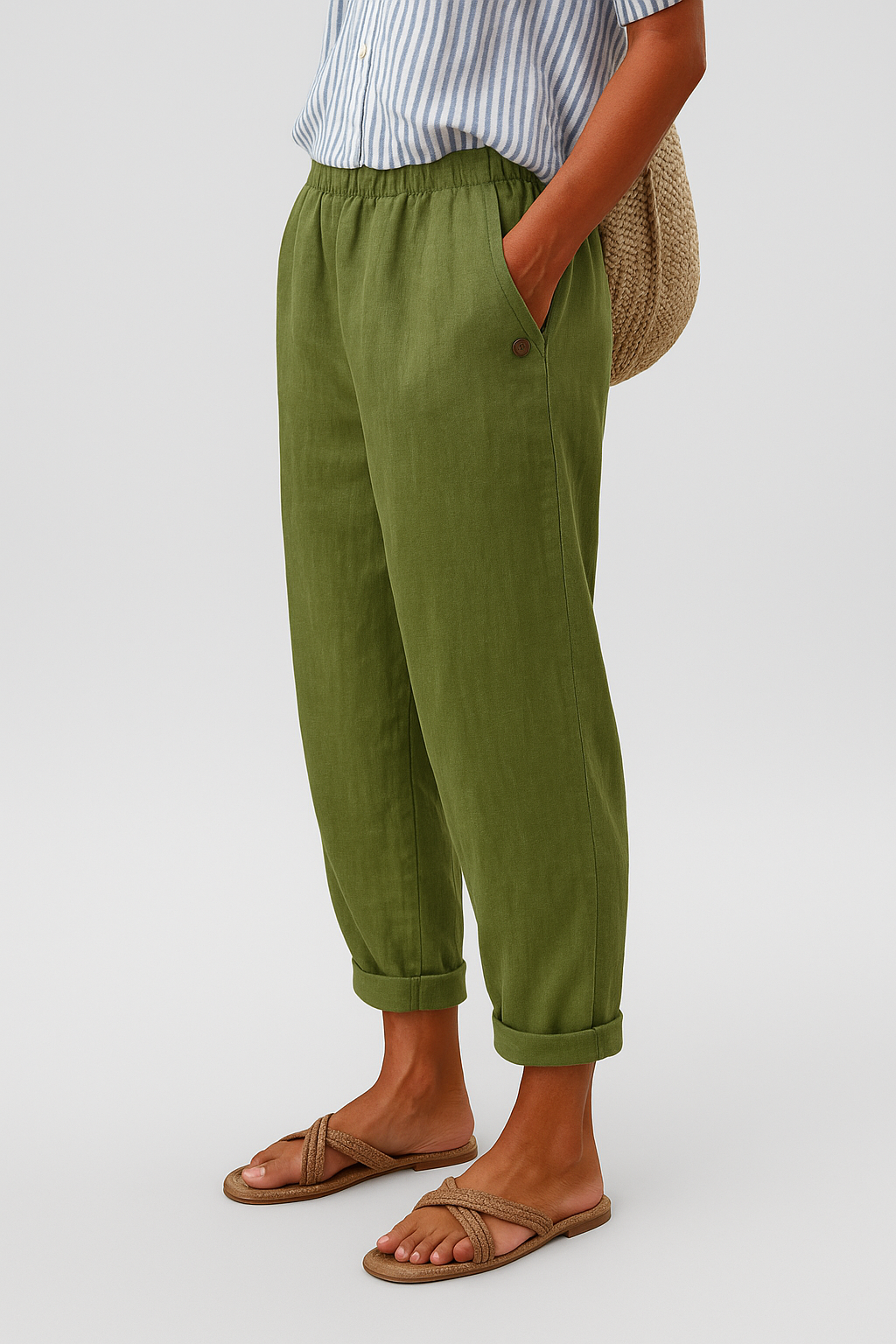 Women's Linen Trousers Tapered Elasticated Waist Summer