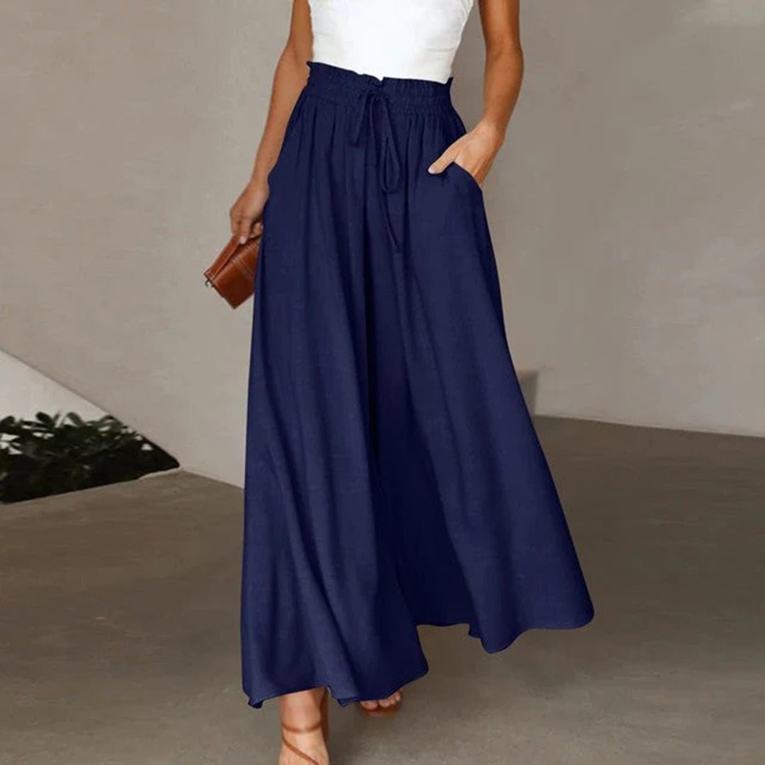 Women's Linen Wide Leg Trousers - High Paperbag Waist with Tie Front and Pockets