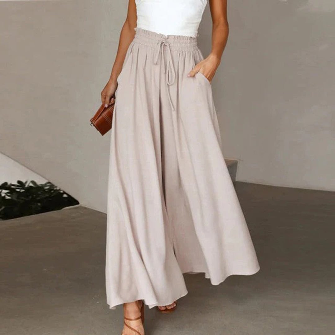 Women's Linen Wide Leg Trousers - High Paperbag Waist with Tie Front and Pockets