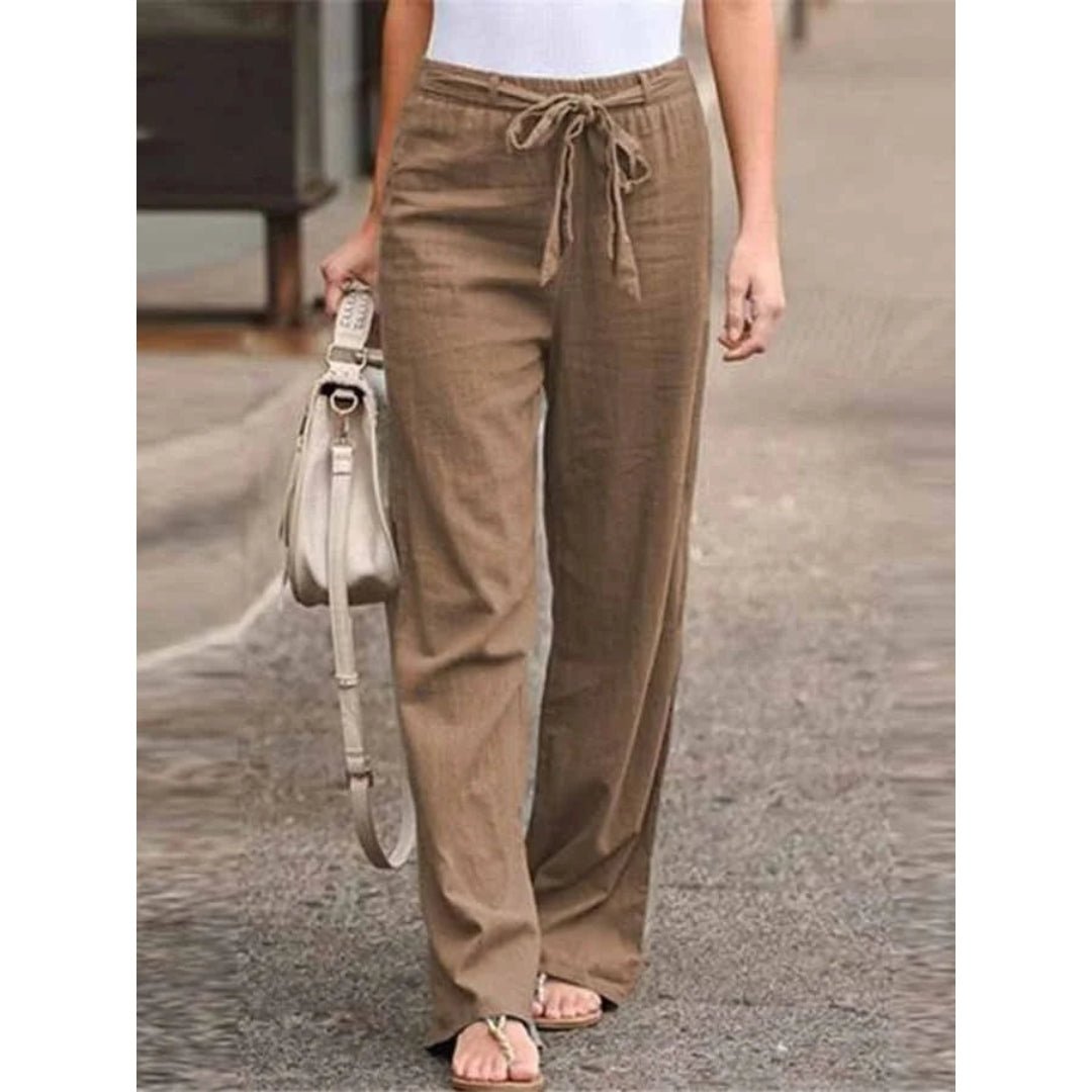 Women's Linen Wide Leg Trousers - High Waist with Tie Front and Elasticated Waistband