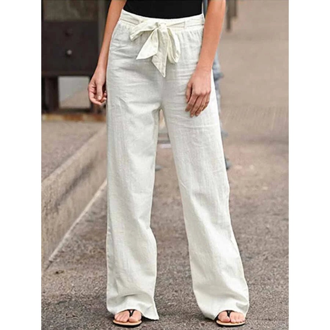 Women's Linen Wide Leg Trousers - High Waist with Tie Front and Elasticated Waistband