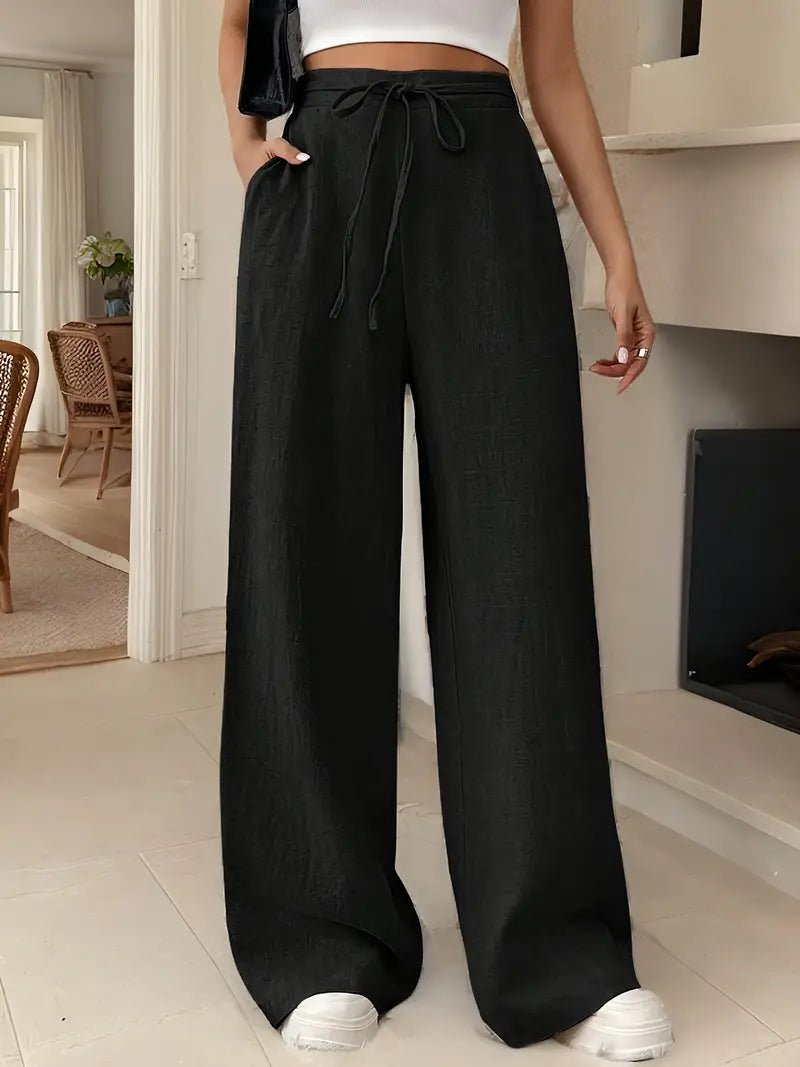 Women's Linen Wide Leg Trousers - High Waist with Tie Front and Side Pockets