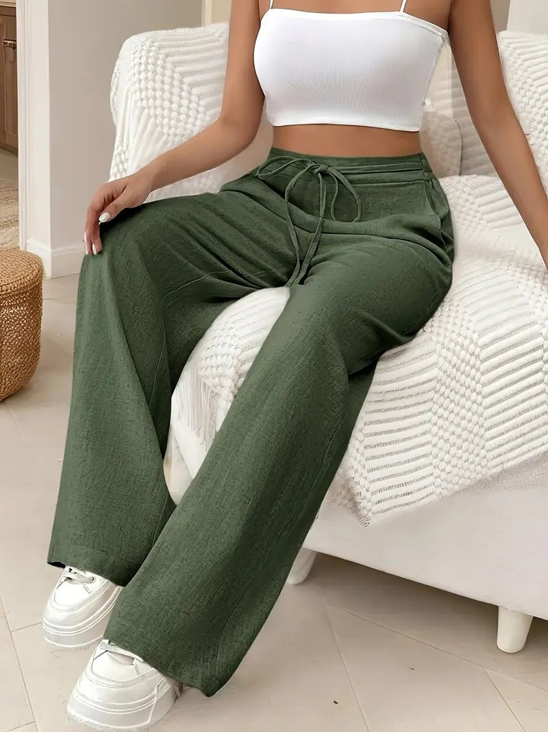 Women's Linen Wide Leg Trousers - High Waist with Tie Front and Side Pockets