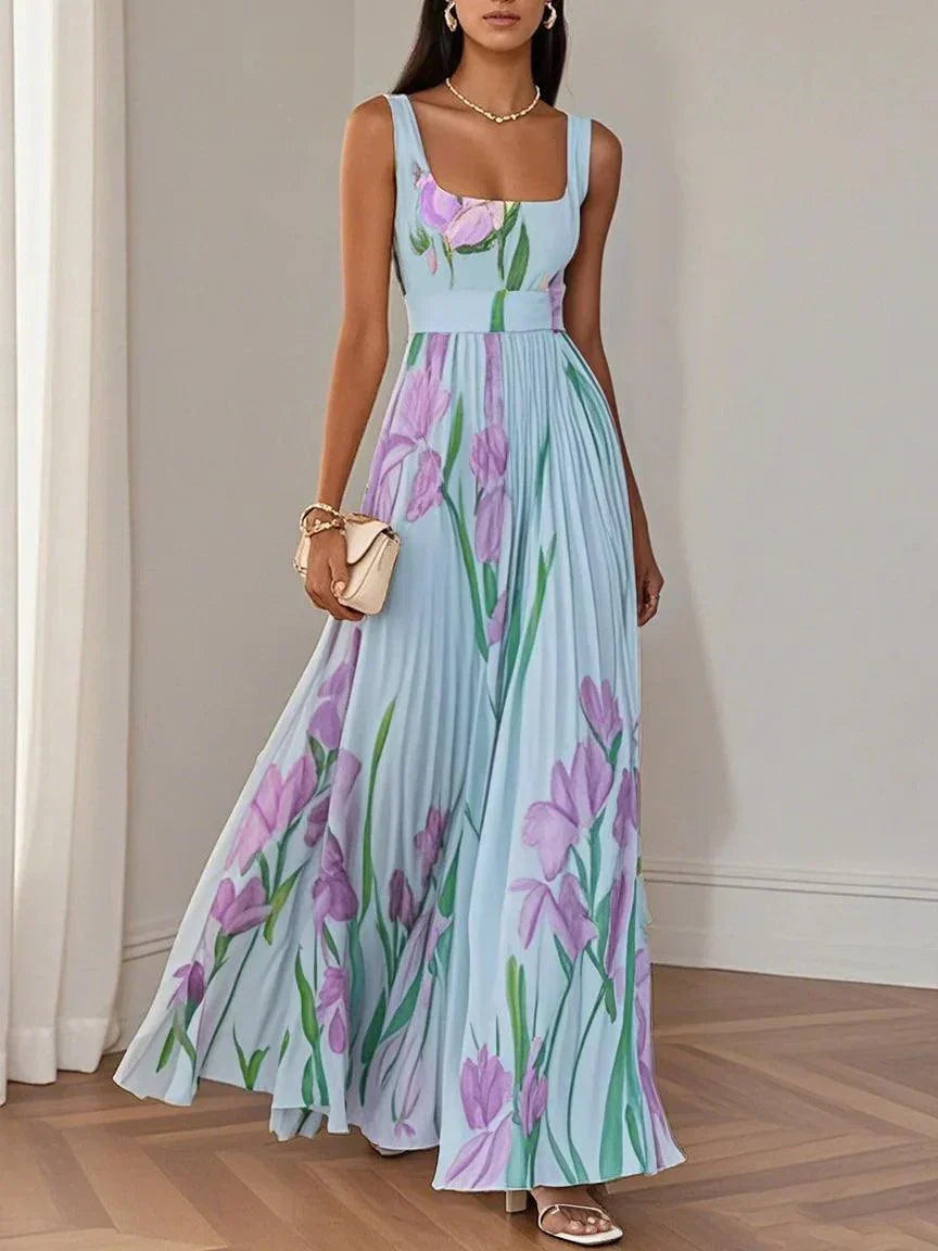 Women's Maxi Dress Square Neck Pleated Floral Gown with Waist Belt