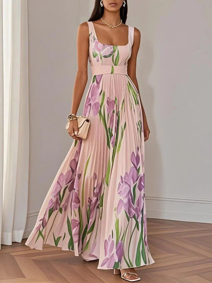 Women's Maxi Dress Square Neck Pleated Floral Gown with Waist Belt