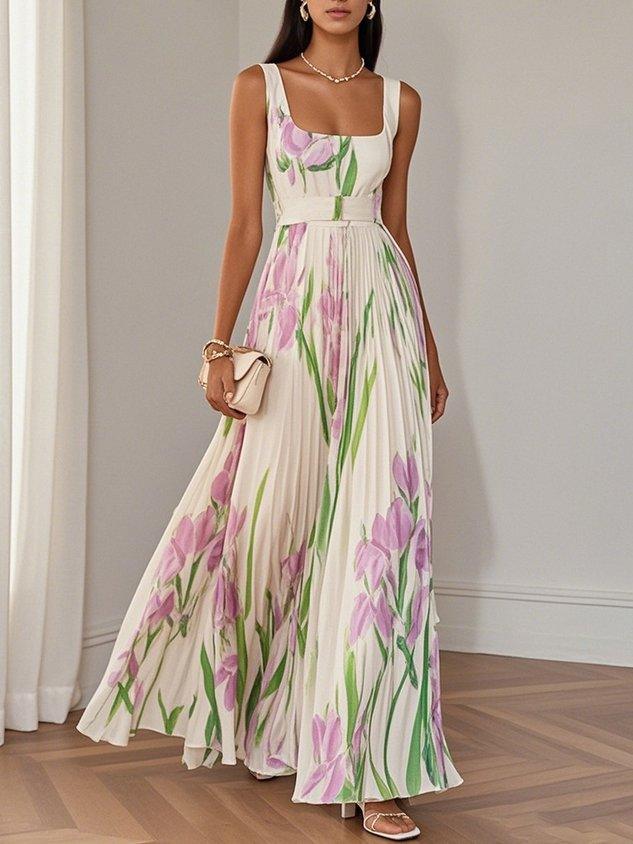Women's Maxi Dress Square Neck Pleated Floral Gown with Waist Belt
