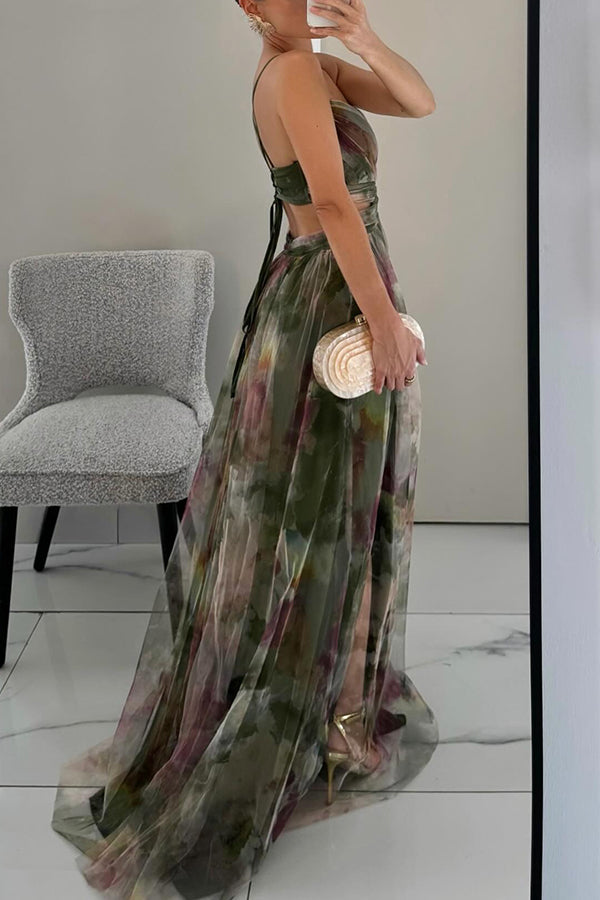 Women's Maxi Dress Watercolor Floral Gown with Tulle Overlay