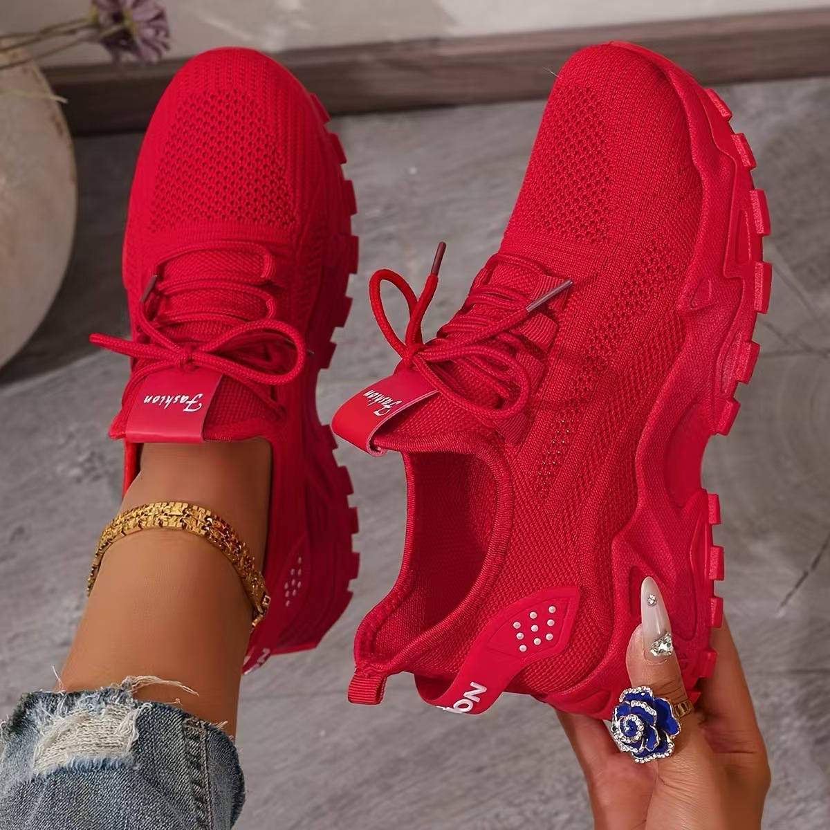 Women's Mesh Trainers - Lace-Up and Chunky Sole Detail