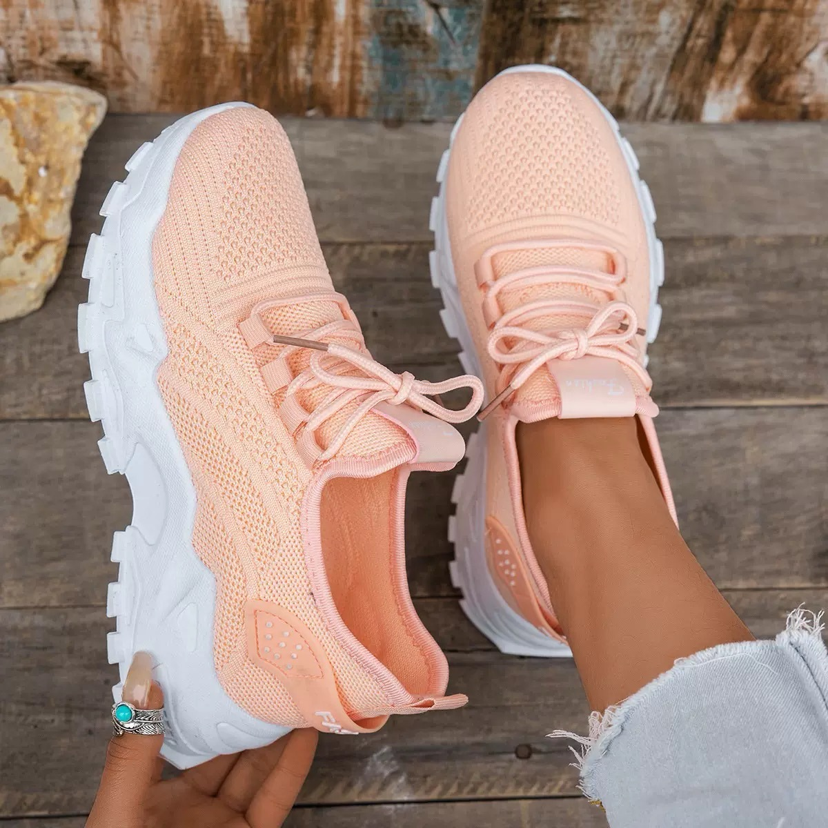 Women's Mesh Trainers - Lace-Up and Chunky Sole Detail