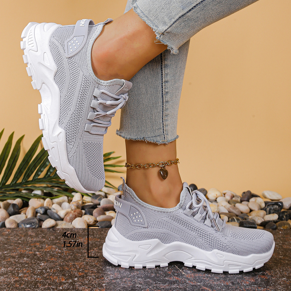 Women's Mesh Trainers - Lace-Up and Chunky Sole Detail