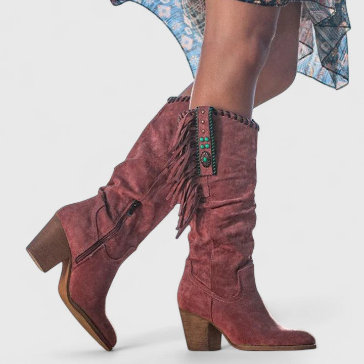 Women's Mid-Calf Boots - Side Fringe Trim and Western Block Heel Detail