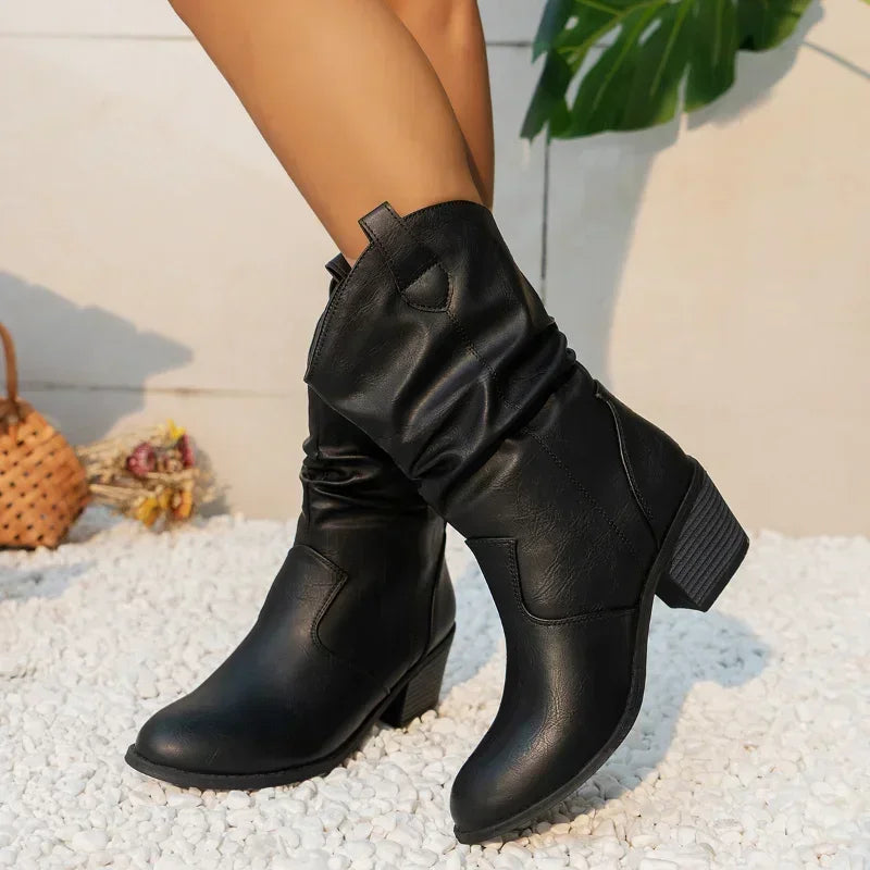 Women's Mid-Calf Boots - Slouchy Shaft Design and Western Block Heel Detail