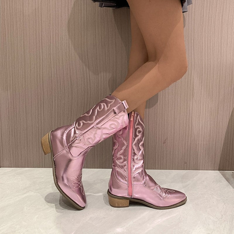 Women's Mid-Calf Boots - Tonal Western Embroidery and Low Block Heel Detail