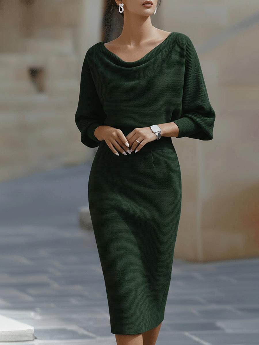 Women's Midi Bodycon Dress Batwing Sleeve Boat Neck Knitted