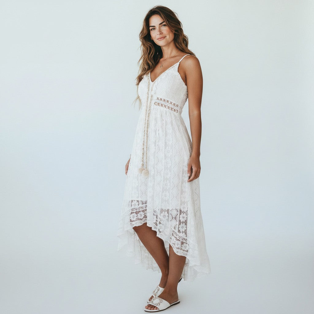 Women's Midi Boho Dress White Lace V Neck High Low