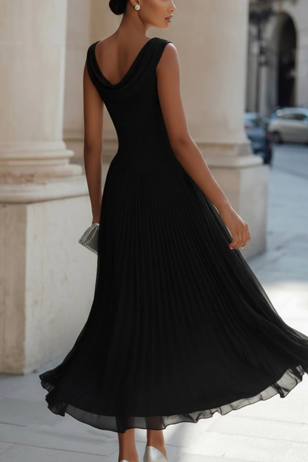 Women's Midi Dress - Boat Neck and Pleated A-Line Skirt