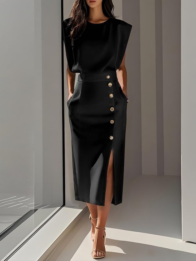 Women's Midi Dress Column Dress with Asymmetrical Side Button Mock Wrap Skirt