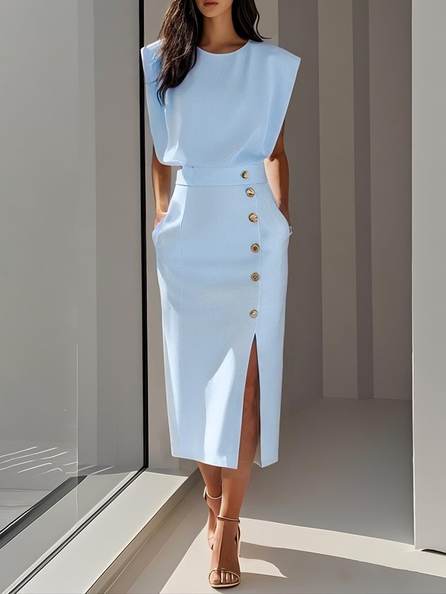 Women's Midi Dress Column Dress with Asymmetrical Side Button Mock Wrap Skirt