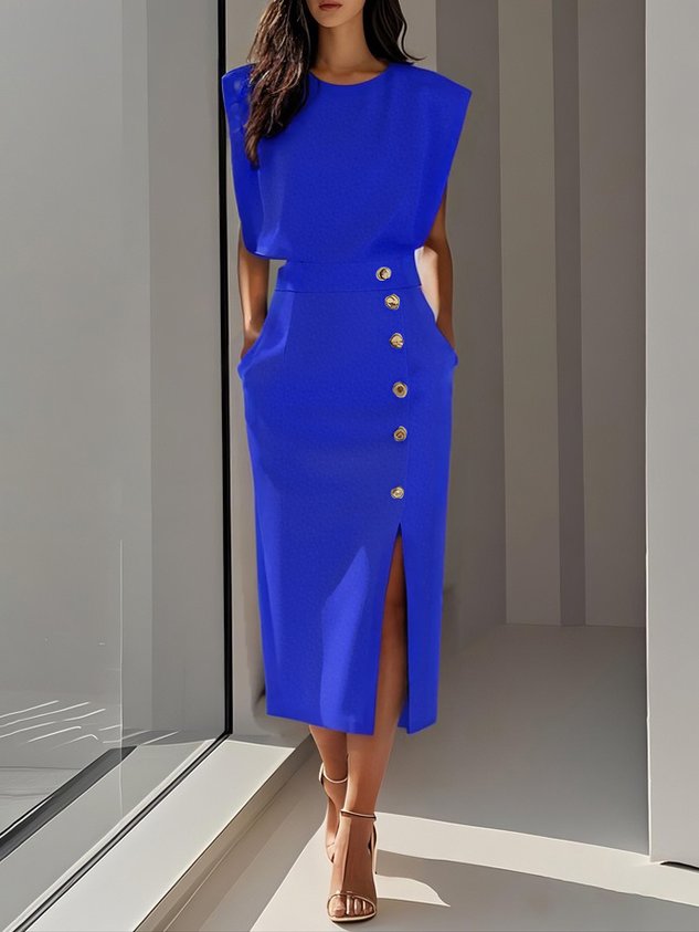 Women's Midi Dress Column Dress with Asymmetrical Side Button Mock Wrap Skirt