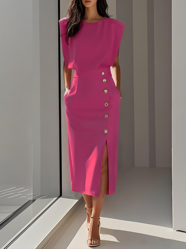 Women's Midi Dress Column Dress with Asymmetrical Side Button Mock Wrap Skirt