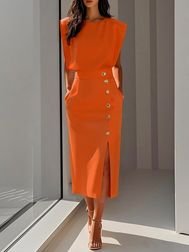 Women's Midi Dress Column Dress with Asymmetrical Side Button Mock Wrap Skirt