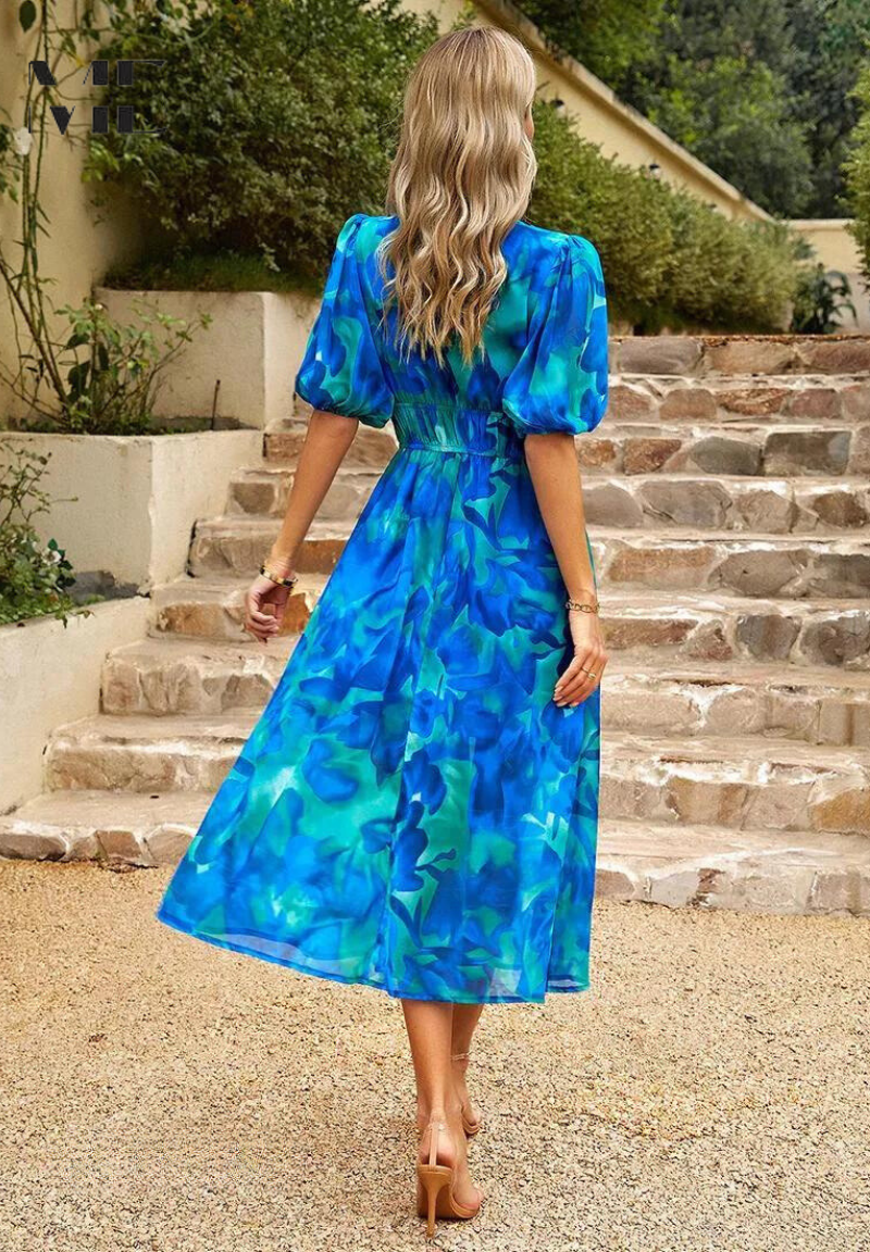 Women's Midi Dress Flutter Sleeve Deep V Neck Printed Summer Dress