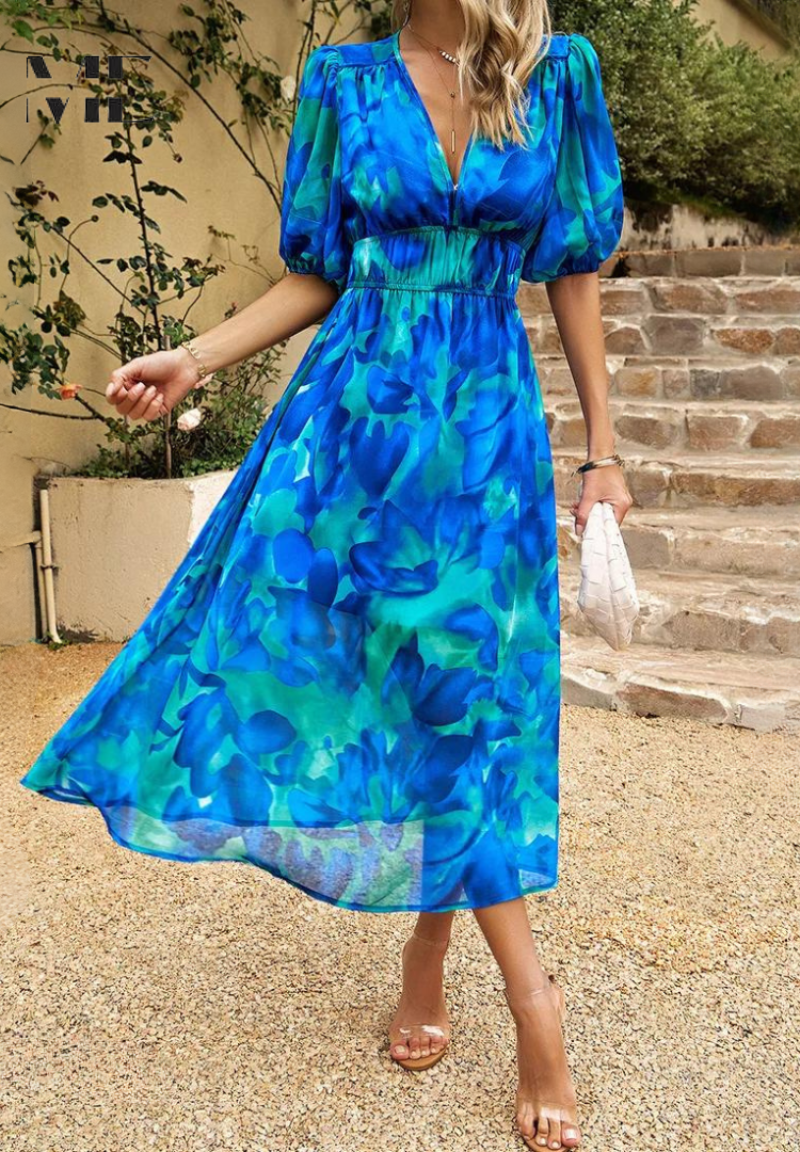 Women's Midi Dress Flutter Sleeve Deep V Neck Printed Summer Dress
