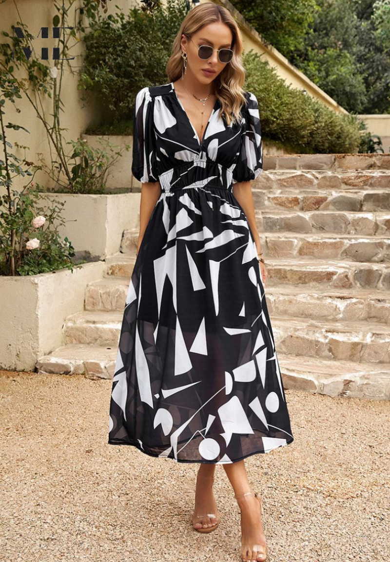 Women's Midi Dress Flutter Sleeve Deep V Neck Printed Summer Dress