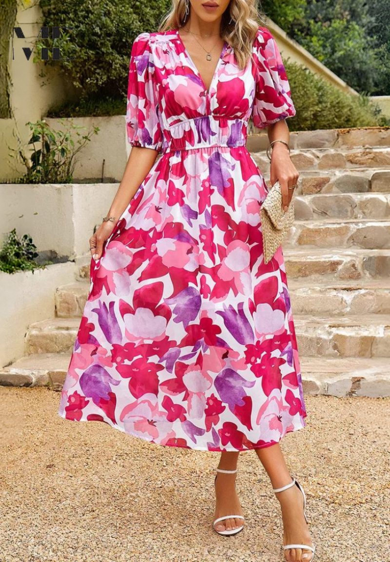 Women's Midi Dress Flutter Sleeve Deep V Neck Printed Summer Dress