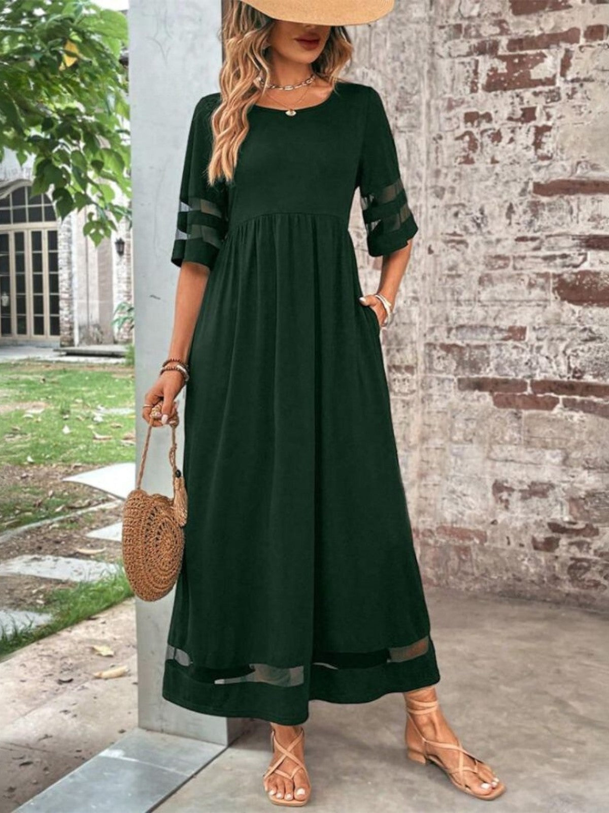 Women's Midi Dress Mesh Panel and Half Sleeves