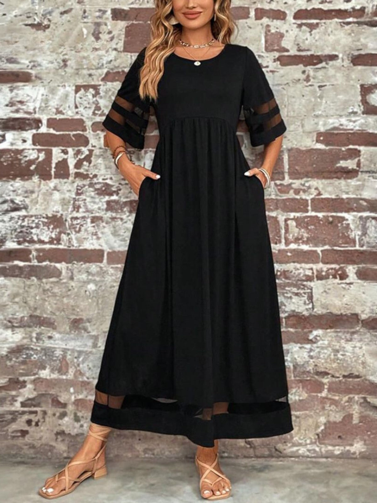 Women's Midi Dress Mesh Panel and Half Sleeves