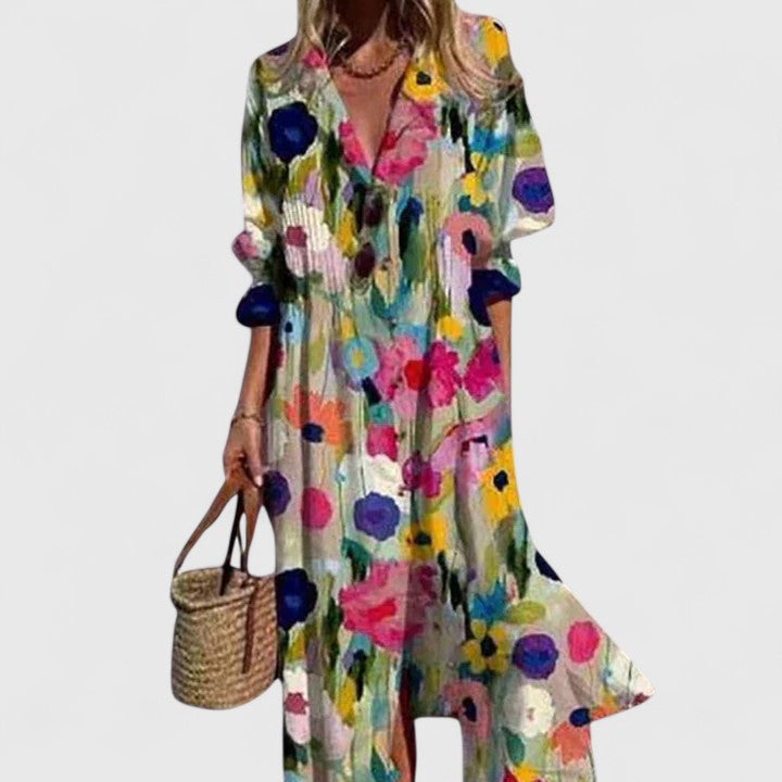 Women's Midi Shirt Dress - Long Sleeves and Abstract Graphic Print
