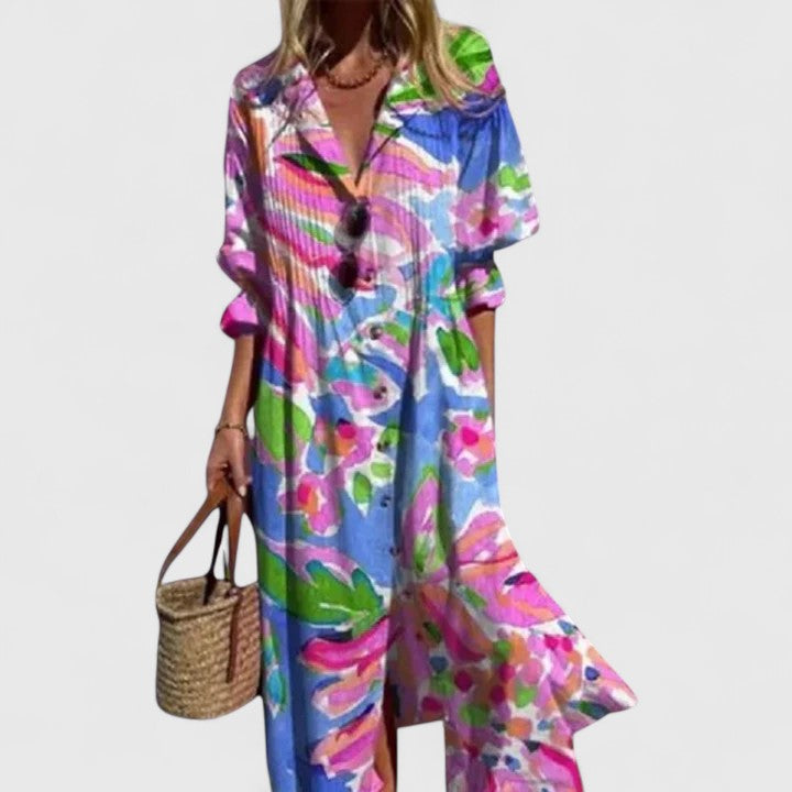 Women's Midi Shirt Dress - Long Sleeves and Abstract Graphic Print