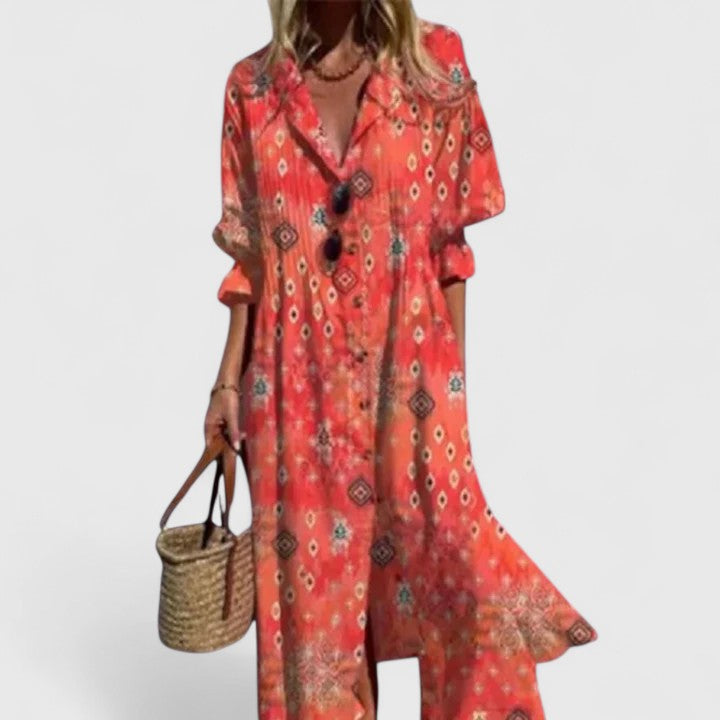 Women's Midi Shirt Dress - Long Sleeves and Abstract Graphic Print