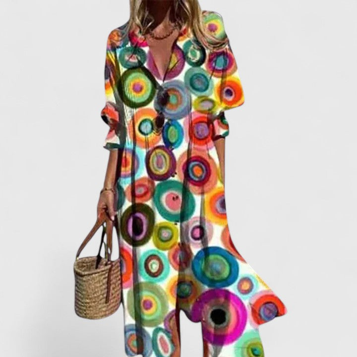 Women's Midi Shirt Dress - Long Sleeves and Abstract Graphic Print