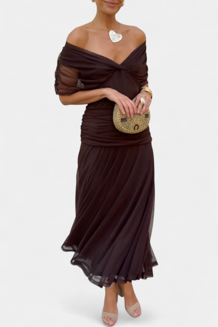 Women's Off-The-Shoulder Ruched Midi Dress - Pleated Skirt and Mesh Detail