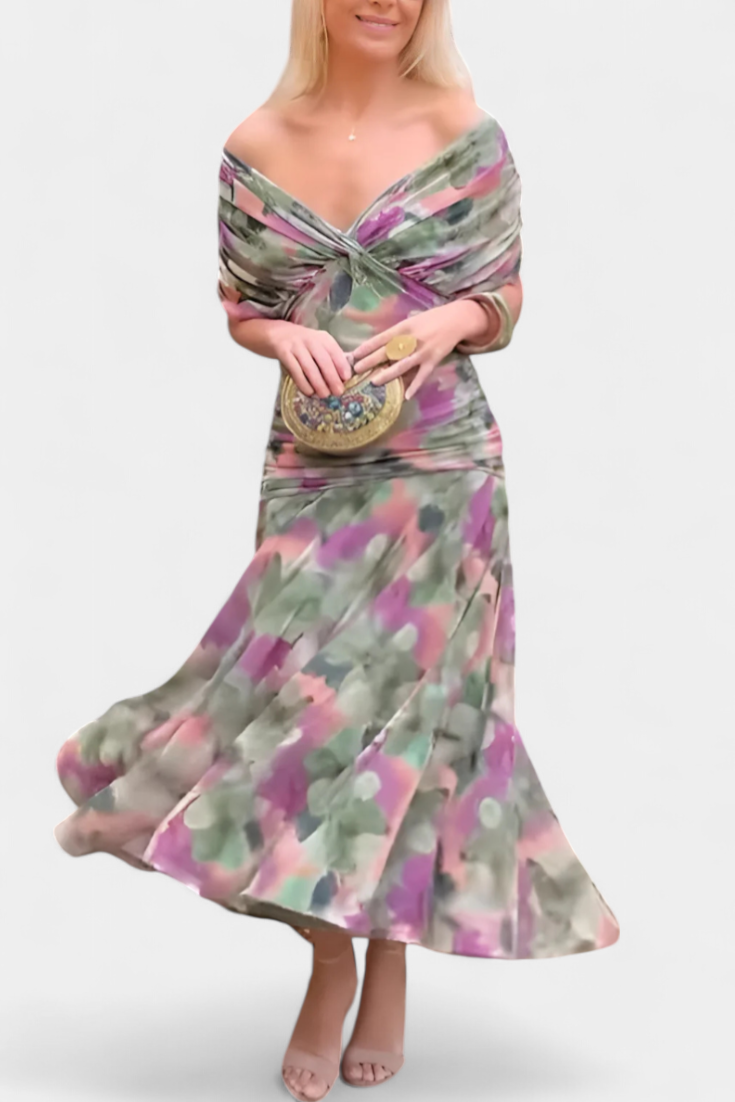 Women's Off-The-Shoulder Ruched Midi Dress - Pleated Skirt and Mesh Detail