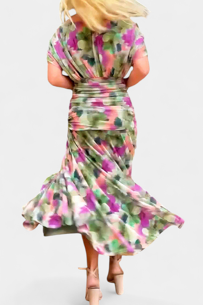 Women's Off-The-Shoulder Ruched Midi Dress - Pleated Skirt and Mesh Detail